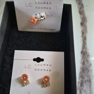 Lauren Conrad Coral Flower Stud Earrings with Gold Accents And Matching Ring